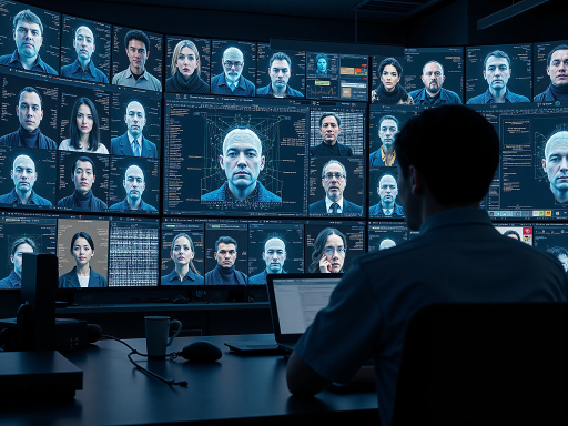 AI安全监控系统界面,显示多个摄像头画面,实时检测异常行为,红色警报标识,专业安防界面设计